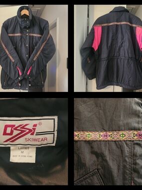 Vintage 80s 90s Ossi Ski Wear Jacket Womens Med Black Pink Indian Trim
